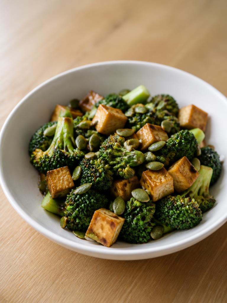 Tofu et brocoli sautés au soja et graines de courge