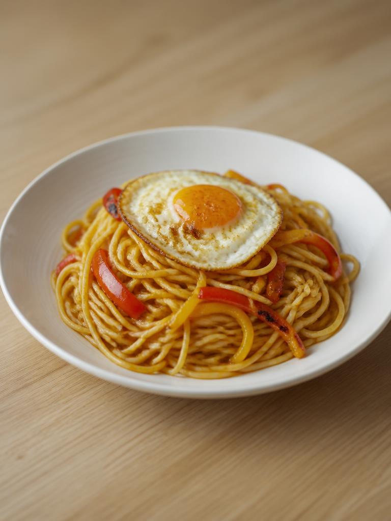 Spaghetti aux poivrons poêlés et oeuf