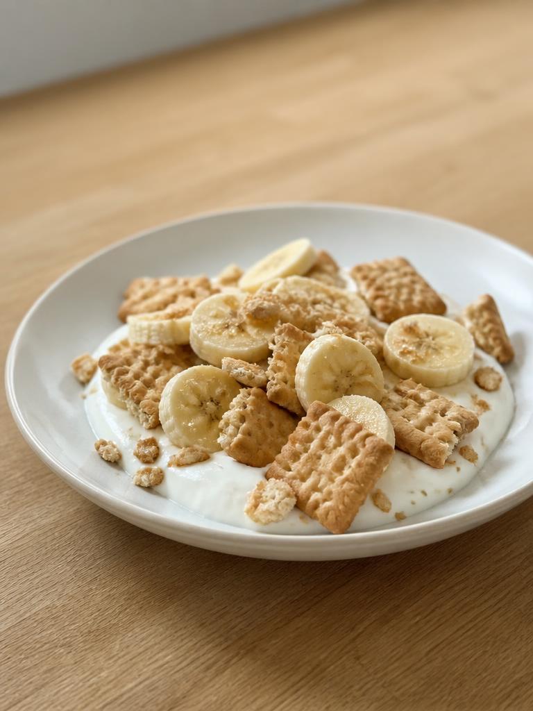 Yaourt, banane et biscuits petit-beurre