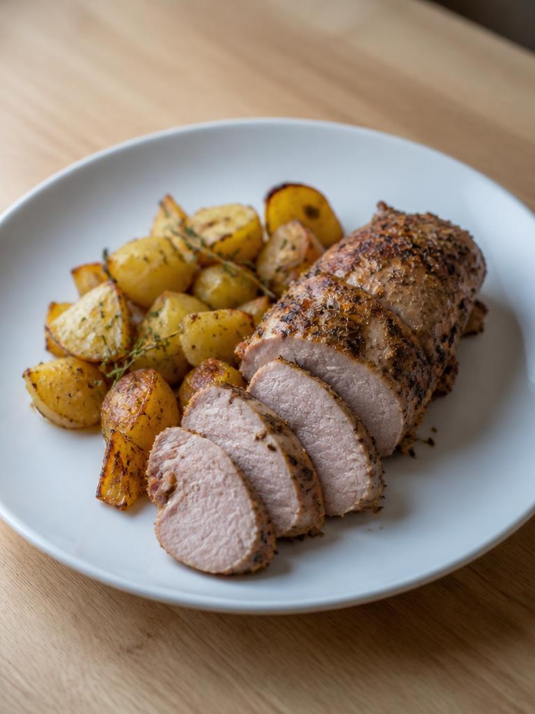 Filet mignon de porc rôti aux pommes de terre et au thym