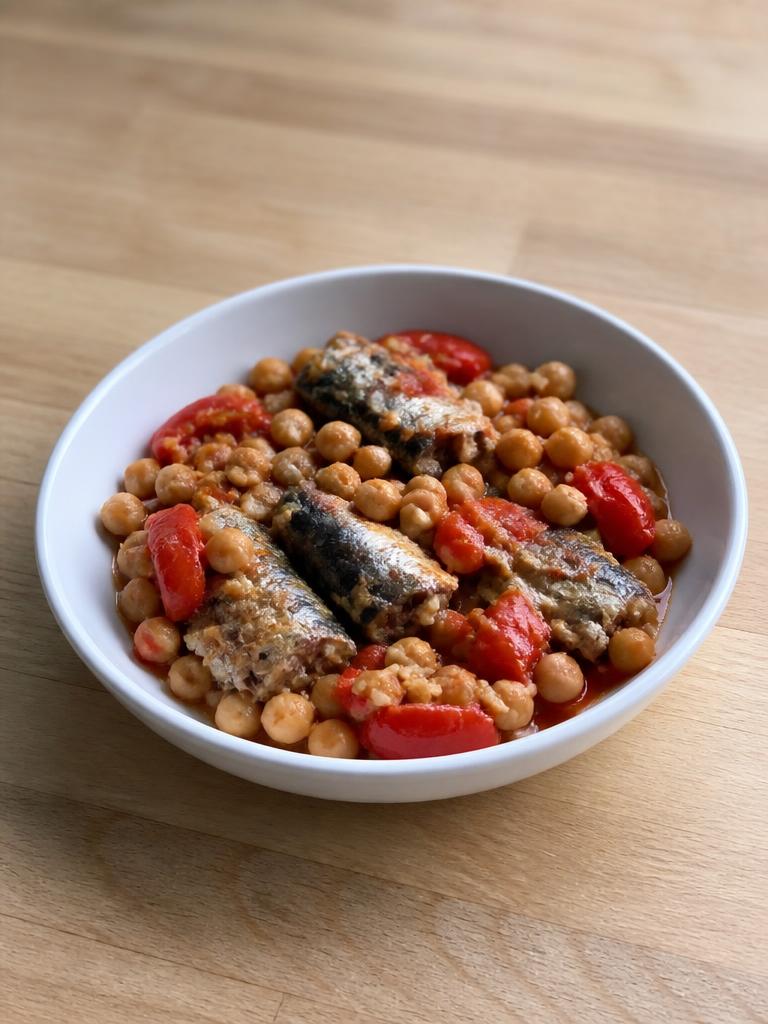 Boîte de sardines, pois chiches et poivron
