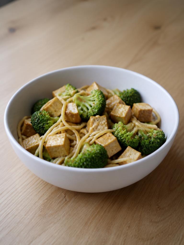 Bol de tofu fumé, brocoli et nouilles