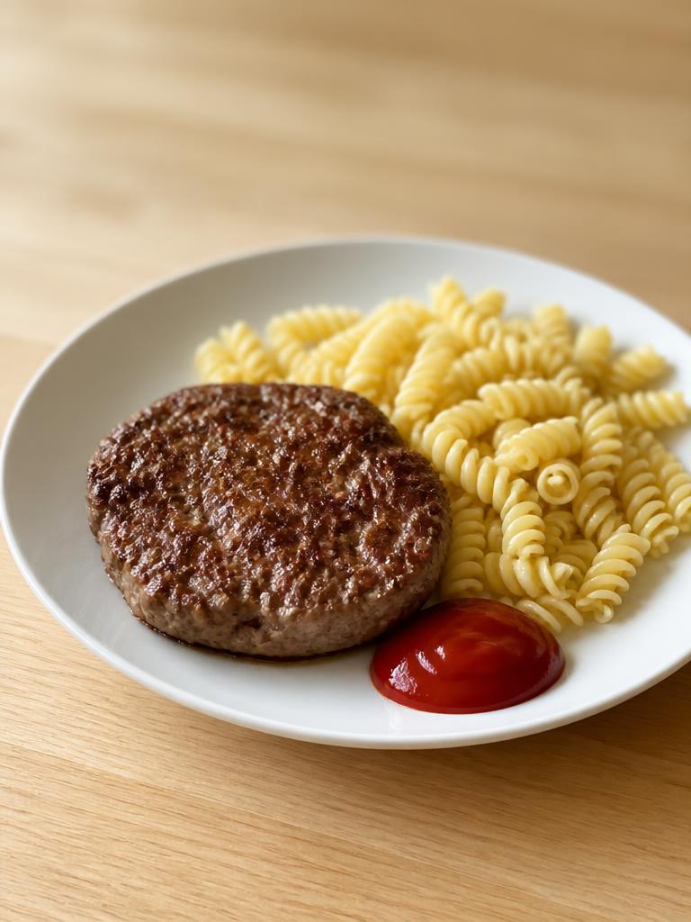 Steak haché, pâtes et ketchup