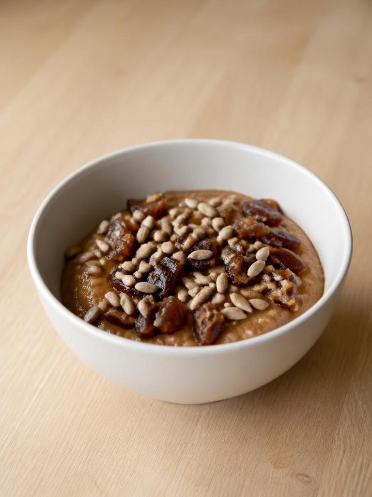 Bol de compote, graines de tournesol et dattes