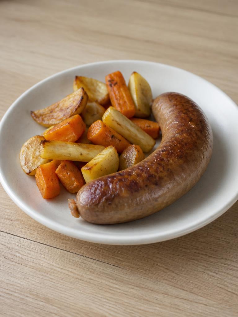 Saucisses de Toulouse et légumes racines au four
