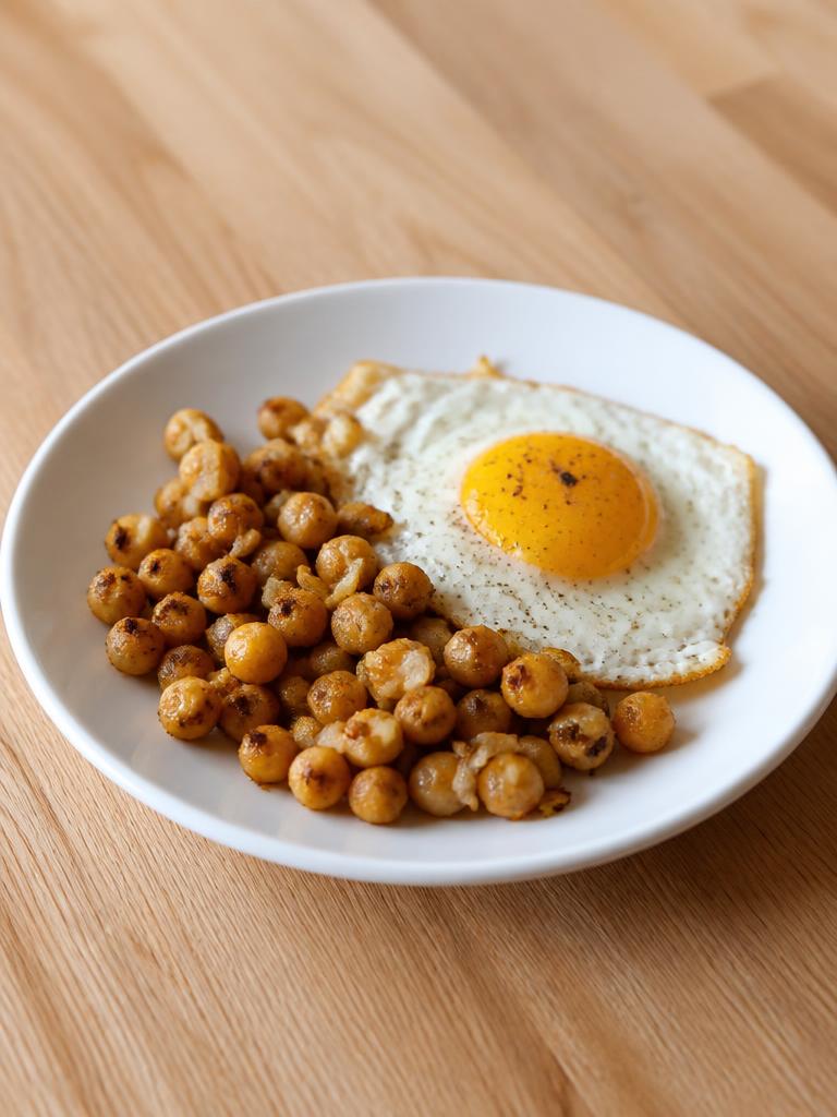 Pois chiches poêlés et œuf au plat
