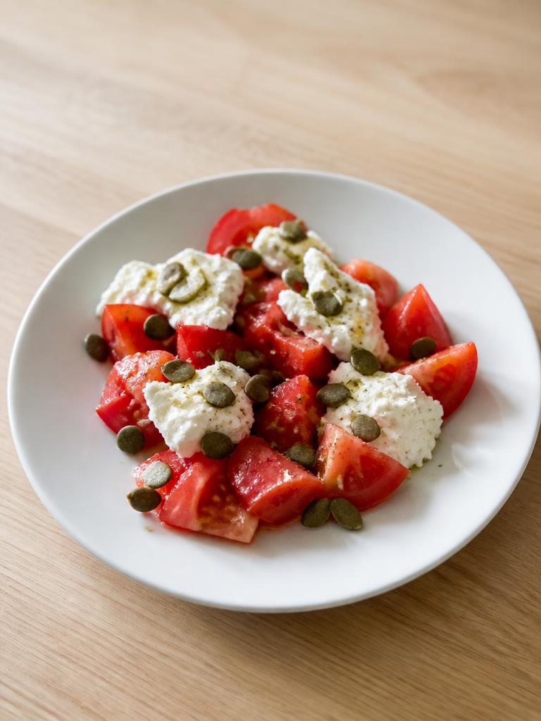 Assiette de fromage frais, tomate et graines de courge