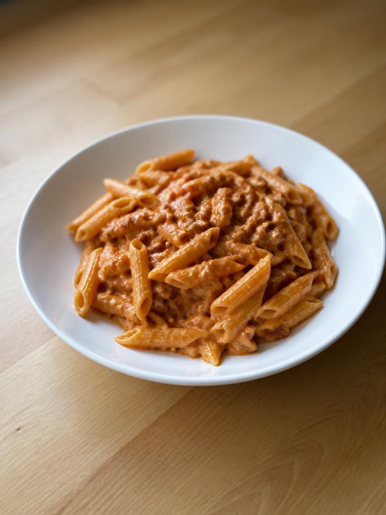 Penne au bœuf haché et à la crème de tomate