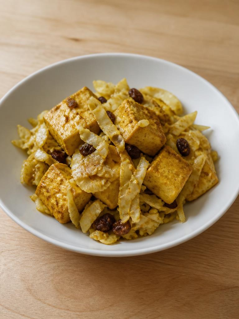 Tofu mariné au curry, chou blanc et raisins secs