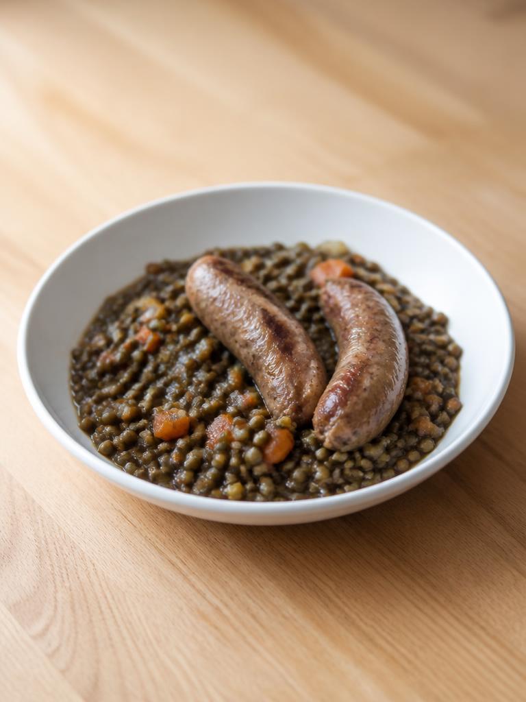 Lentilles vertes et saucisses de Toulouse