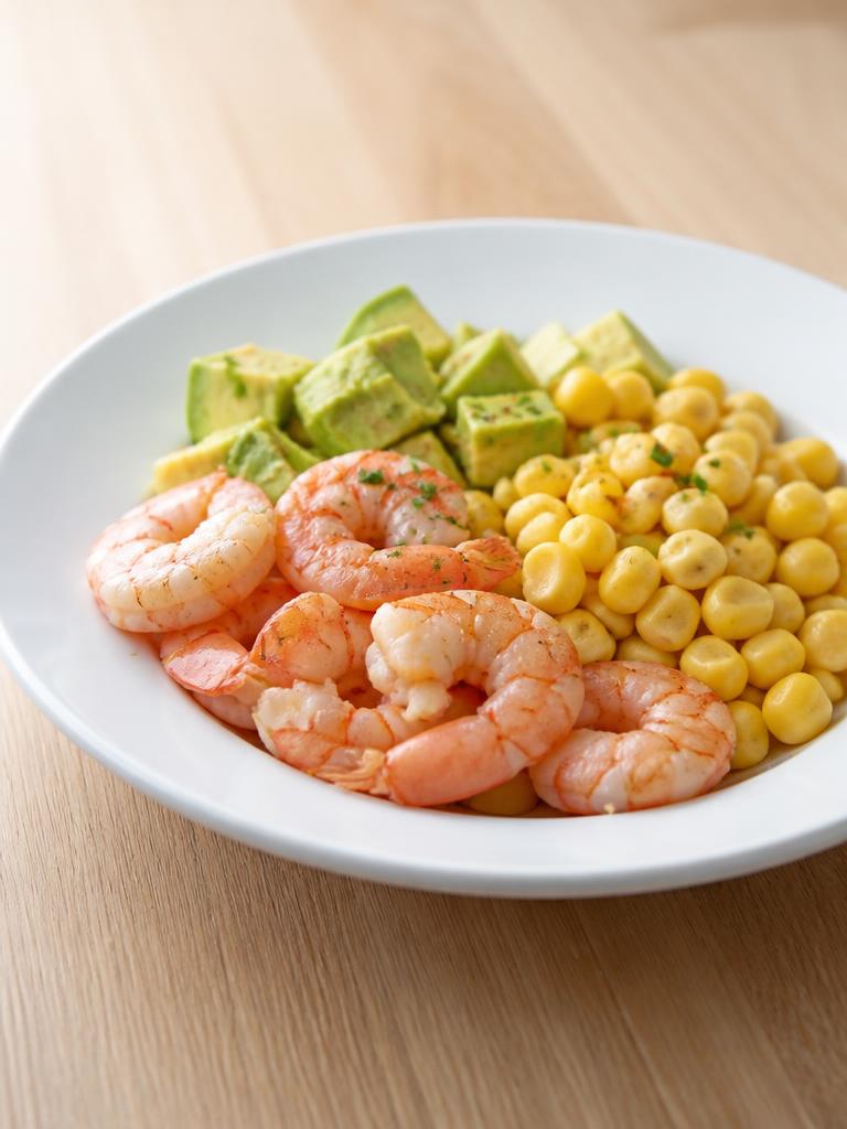 Boîte de crevettes, avocat et maïs