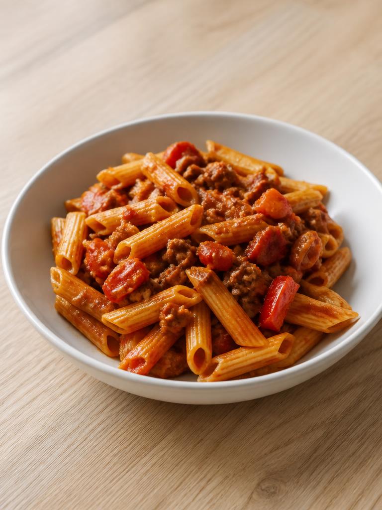 Penne au bœuf haché et poivron rouge