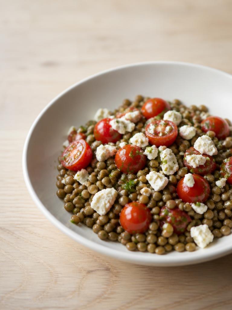 Lentilles vertes tièdes à la feta et aux tomates cerises