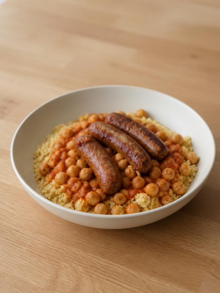 Boîte de semoule, merguez et pois chiches