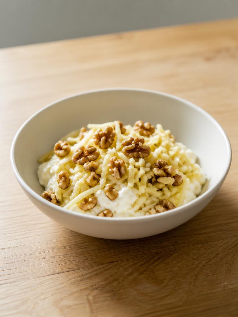 Bol de fromage blanc, pomme râpée et noix