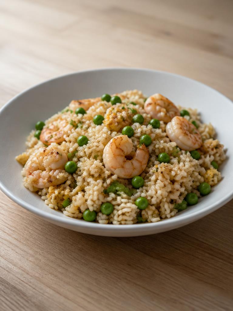 Riz sauté aux crevettes et petits pois