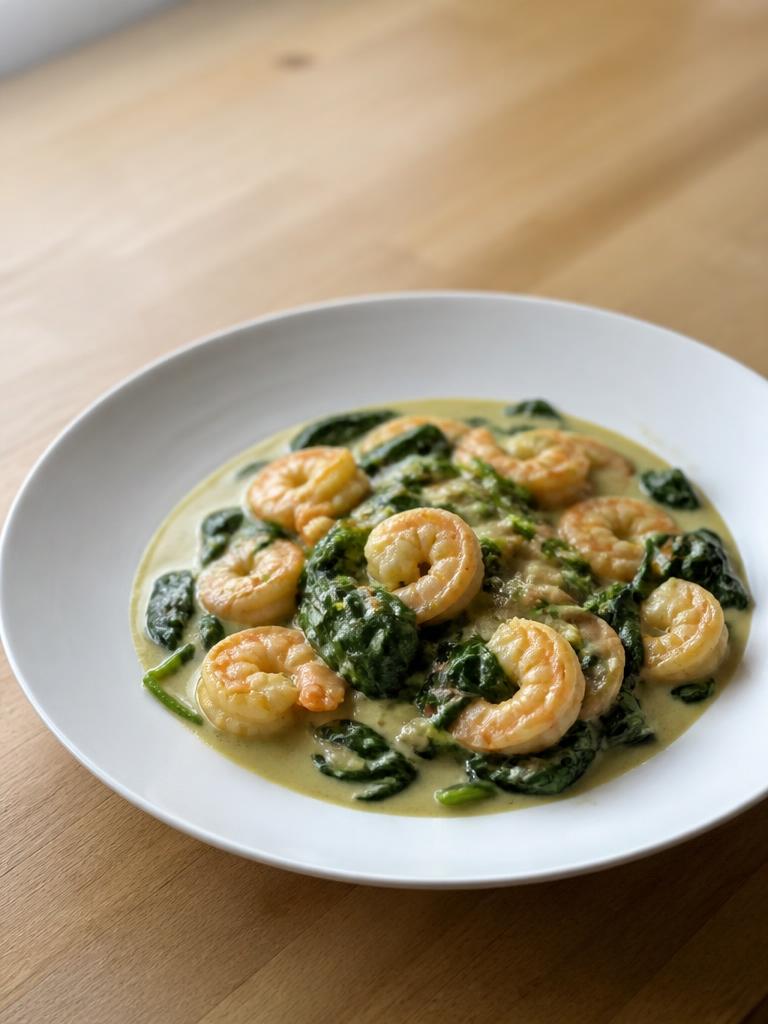 Crevettes minute au lait de coco et épinards